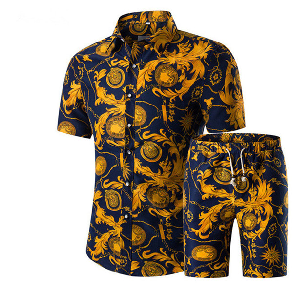 

New Summer Casual Printed Hawaiian Shirt Homme Short Male Printing Dress Suit Men Shirts+Shorts Set Sets Plus Size