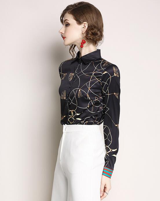 

2020 vintage rope printed black blouse long sleeve women Rayon blouses with single breasted summer shirts lapel neck fashion ladies shirts