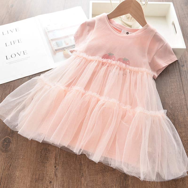 

Girls Princess Dresses 2020 New Summer Kids Stawberry Pattern Children Vestidos Sweet Mesh Dress Patchwork Suit 2 6Y, Ax1196 yellow