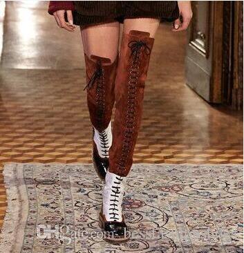 

2018 New Arrival Mixed Colors Suede Leather Female Flats Over The Knee Boots Woman Lace-up Motorcycle Boots Thigh High Martin Booties Woman