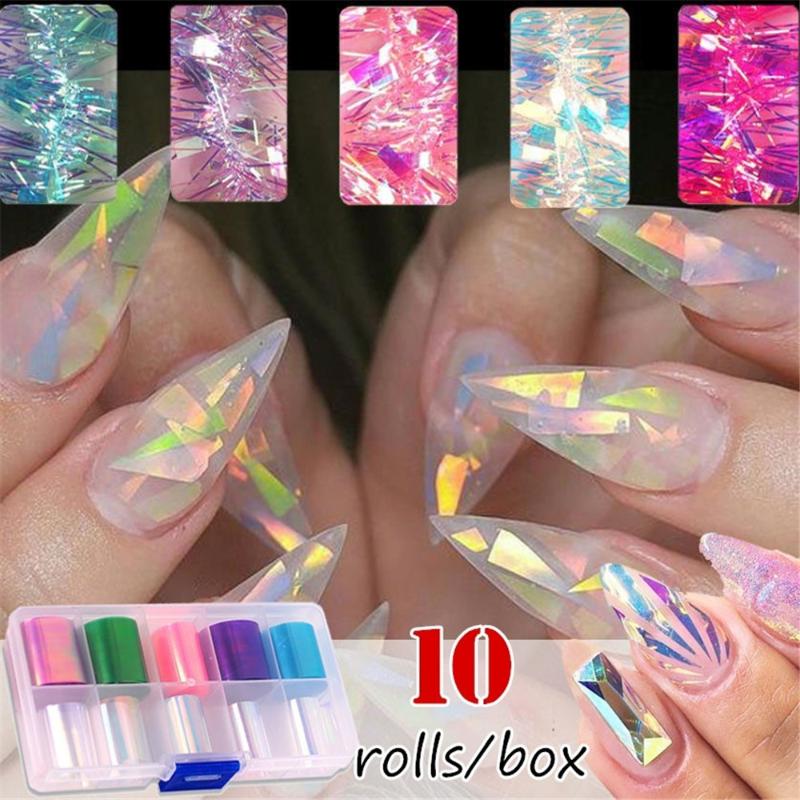 

10Rolls/Box Nail Holographic Transfer Foil Slider Shimmer Sticker for Wrap Adhesive Starry Manicure DIY Decoration Nail Paper