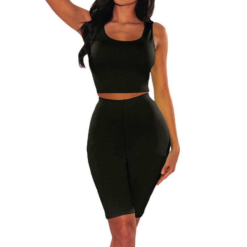

Solid Biker Shorts Tracksuit Women Sleeveless Tank Top Women Sports Suit Elastic Waist Knee Length Pants Two Piece Set, Orange