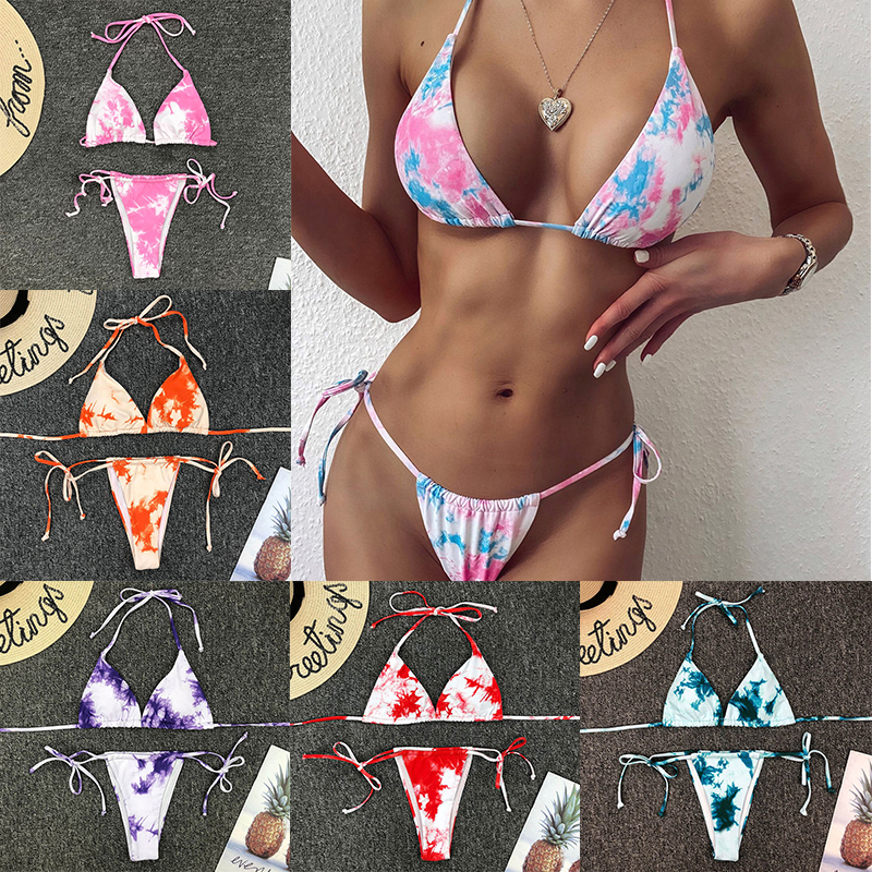 

2020 Women  Bikini Swimwear Sexy Embellished Bathing Suit Tie-Dye Style Halter Lace Up Women Bikinis 11 Colors M140, Mark color in order