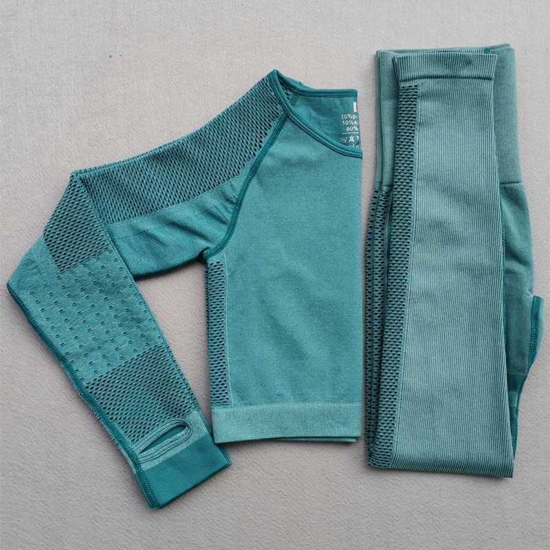 

NewSeamless Yoga Set Gym Workout Clothes Women Hollow Out High Waist Sport Leggings+Cropped Long Sleeve Shirt Running Sportswear, Gray blue pants