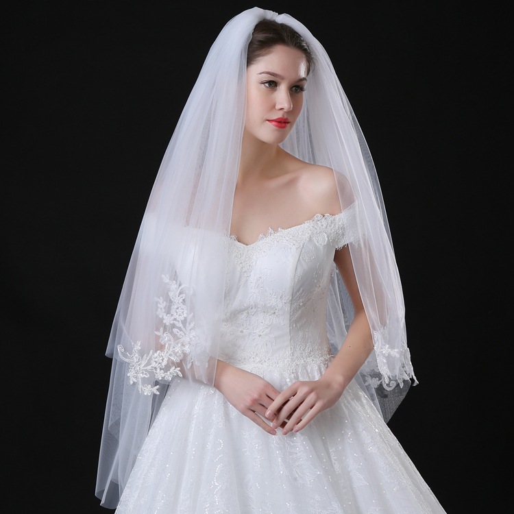 

Two Layers Bridal Wedding Veil with Comb Lace Applique Edge White/Ivory/Champagne/Black Hair Accessories Tulle Wedding Veil for Brides, Style 1 - ivory