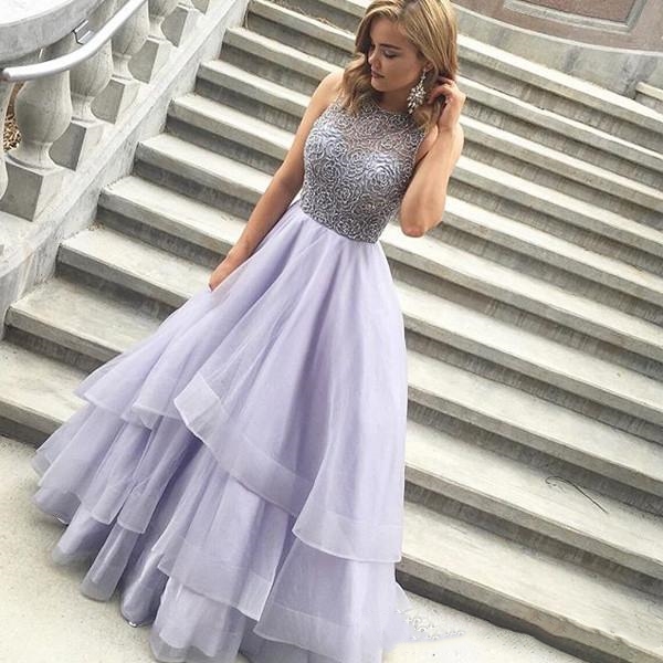 

Beading Tiered Ball Gown Prom Dresses 2020 Charming Scoop Sleeveless Organza Backless Lavender Long Evening Dresses Formal Gowns Custom Made, Champagne