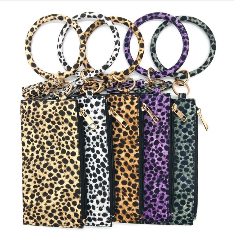 

Leopard Bracelet Keychains Hang Change Purse Tassel Wristlet Keychain Clutch Bag Wristlet Bracelets Key Chain Girls Gift 6 Colors DW4914, As picture