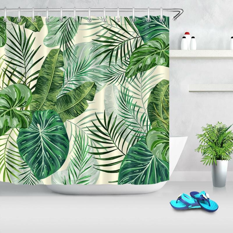 

Tropical Watercolor Palm Leaves Fabric Shower Curtain Set Hooks Bathroom Decor