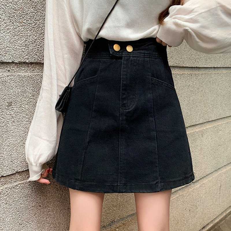 

Summer Elastic High Waist Jean Womens Slim Simple Hot New Femme Streetwear Denim Female A-Line Skirts Y50604, Black