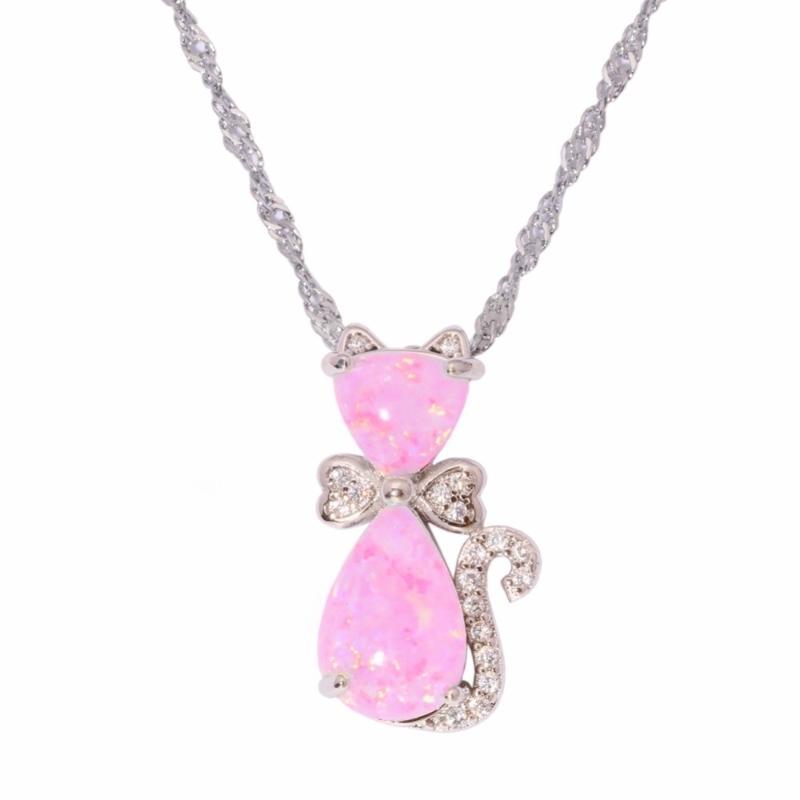 

Pendant Necklaces Cute Boho Female Blue White Pink Opal Chain Necklace Silver Cat Crystal Animal Pendants For Women Choker Jewelry 2021
