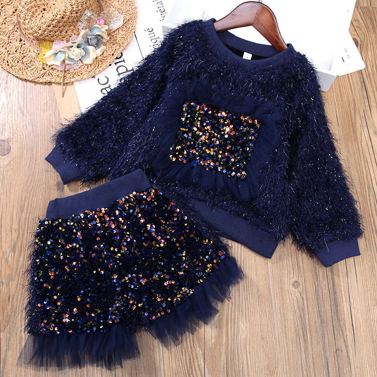 

2020 Autumn Winter New Arrival Girls Fashion Paillette Suit Top+short Kids Warm Fleece Sets Girls Fall Outfits, Blue