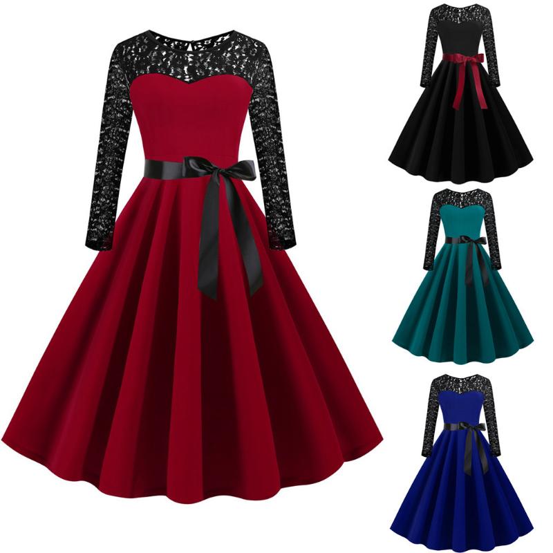 

Ladies Elegant Lace Pach-work Long Sleeve Retro Ball Gown Dress Women O-neck Sashes Strappy Dresses Vintage Bandage Dress, Green