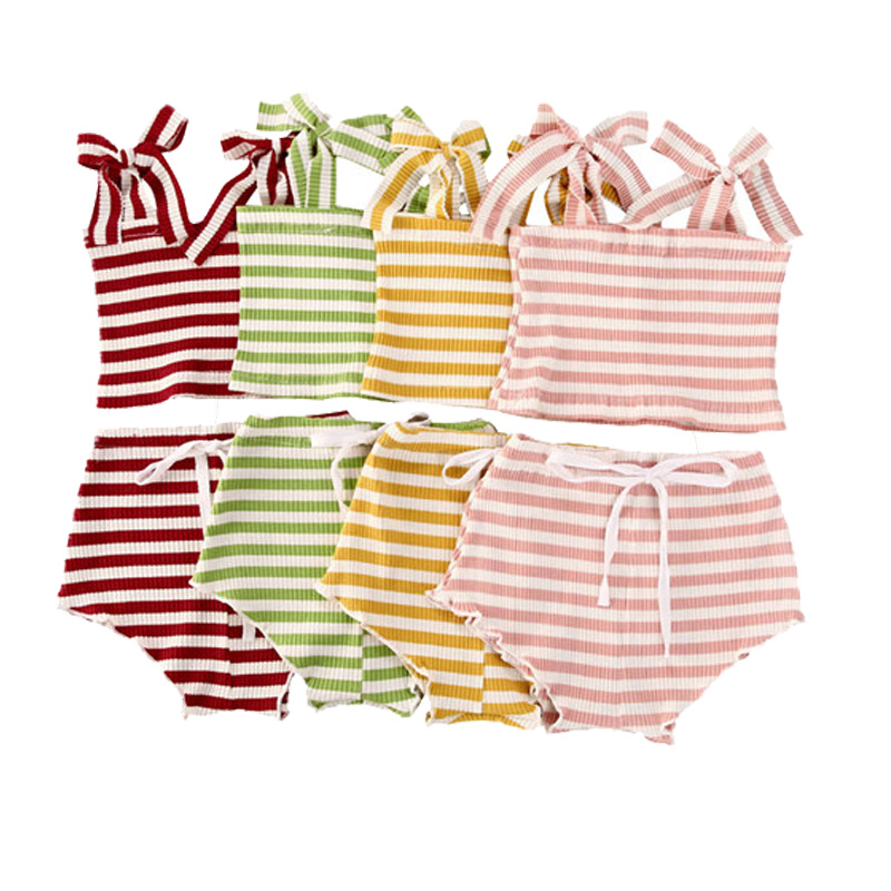 

Baby Girls Striped Knitted Clothes Sets Lace Up Shoulder Strap Tube Top +Short Bottom 2PCS Baby Casual Cotton Tracksuits Outfits