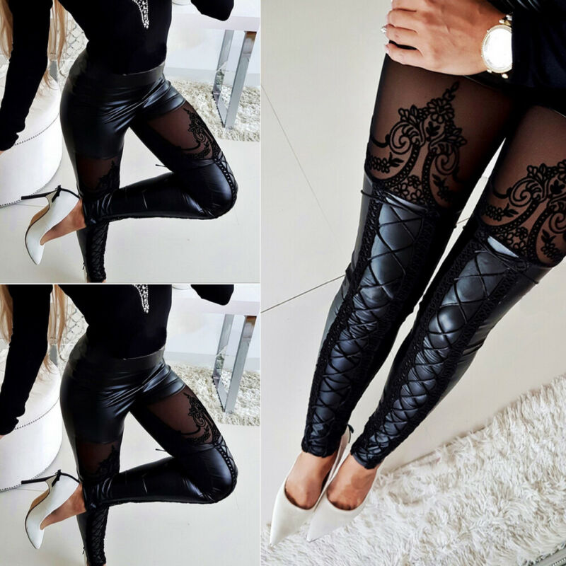 

Women' Fashion PU Leather High Waist Slim Bodycon Sexy Pants Leggings Lace Decro Long Pants Trousers, As pic