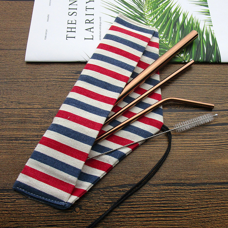 

5pcs Reusable Metal Drinking Straws 304 Stainless Steel Curved Straw with Cleaning Brush Bag Pouch Kit Bar Party Accessory