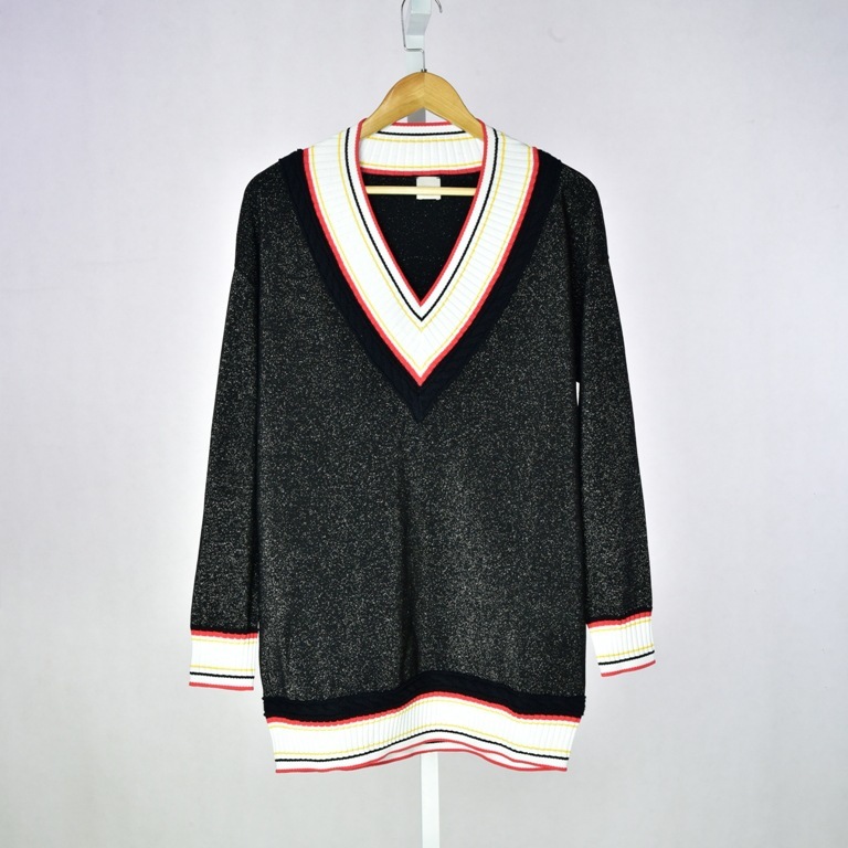 

18 Women' Wear Contrast Color V Collar Super Large Loose Long Money Knitting Shirt 81196, Gray