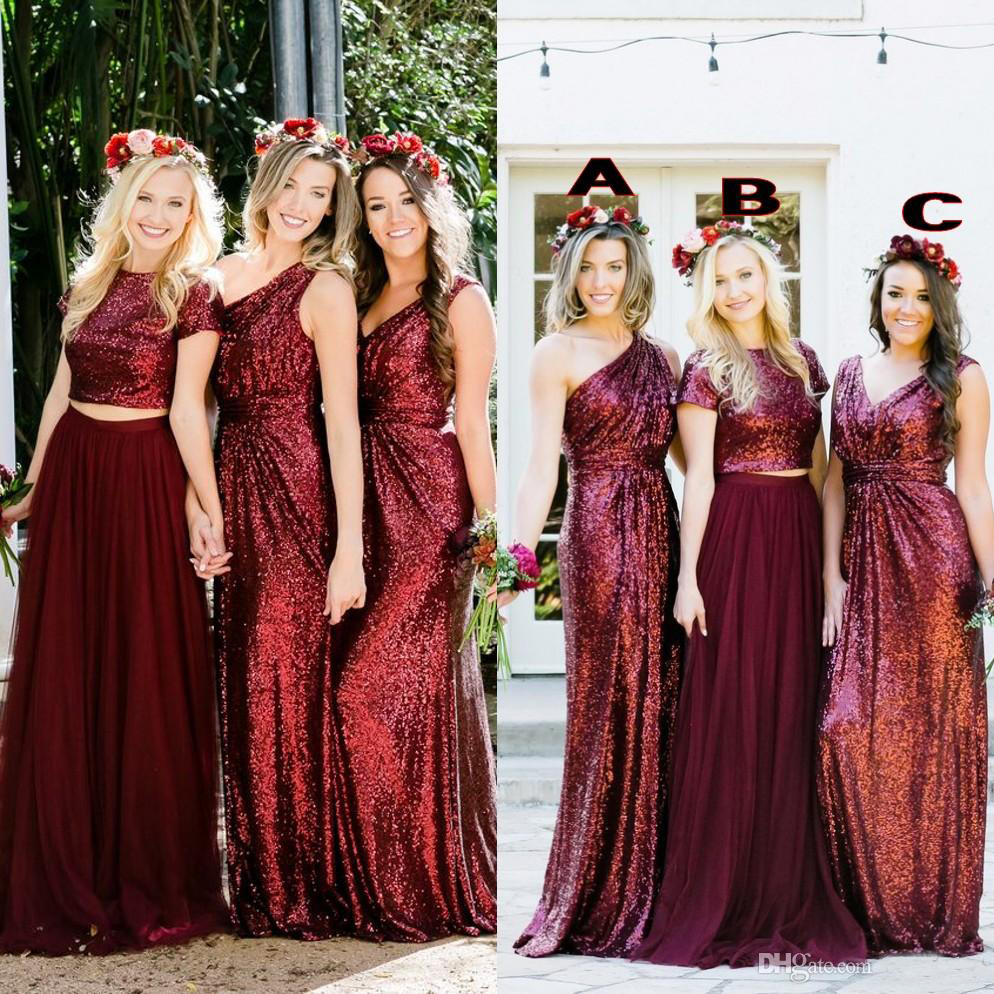 wine red and gold bridesmaid dresses