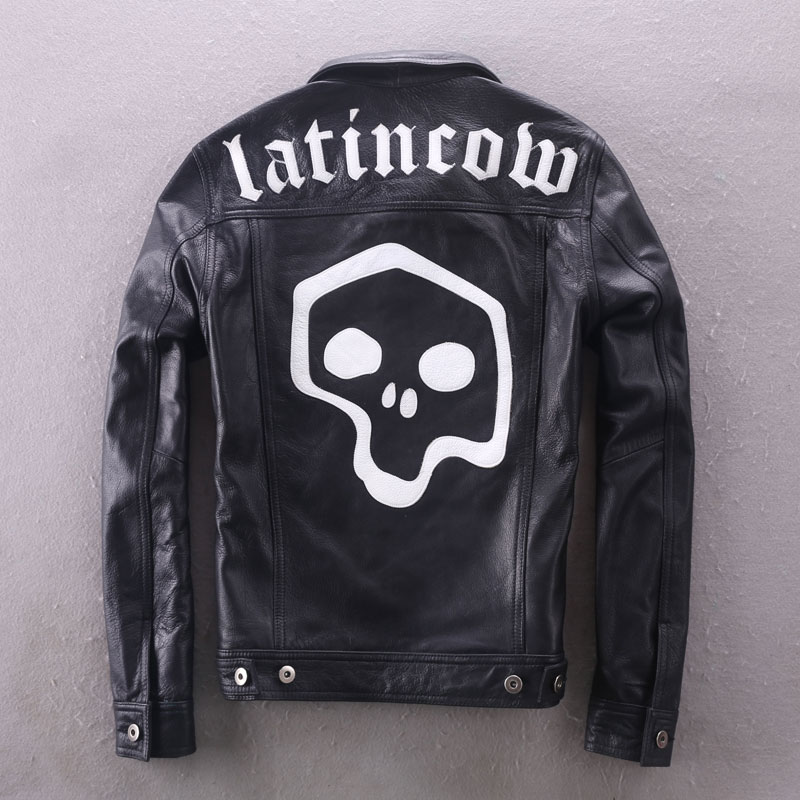 

biker pattern skulls slim fit short genuine fashion motorcycle jacket for men black leather coat male