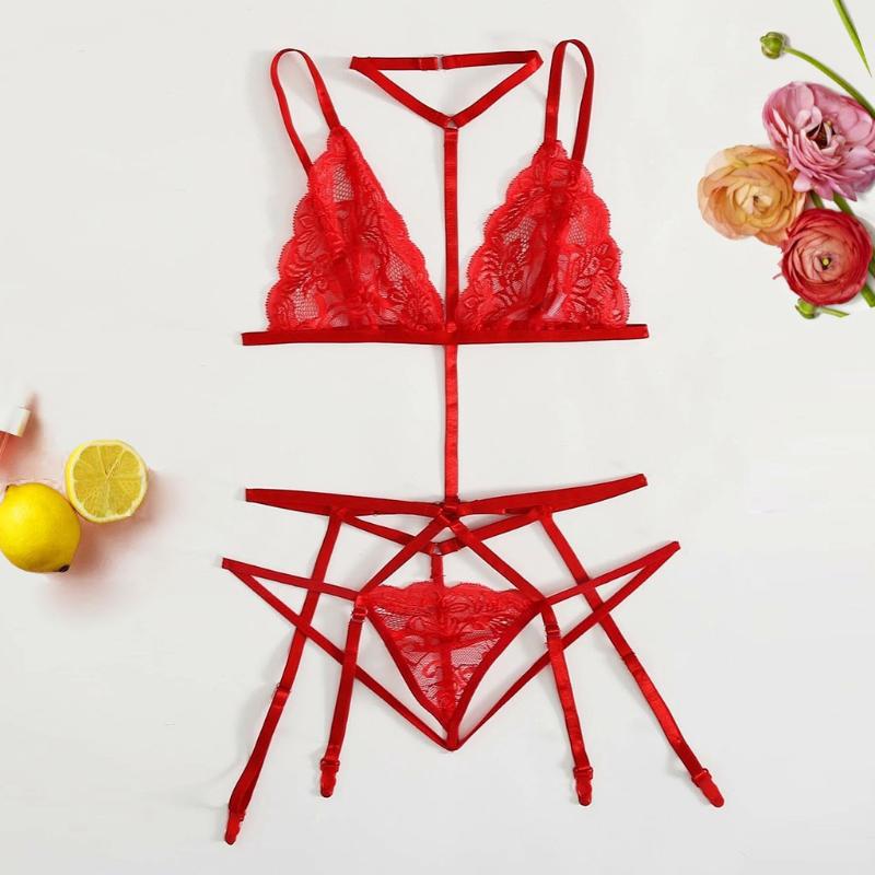 

Sexy Underwear Erotic Corset Lace Lingerie Set Mesh Floral Lace Round Buckle Bars With Necklace Thong Lingerie, Red