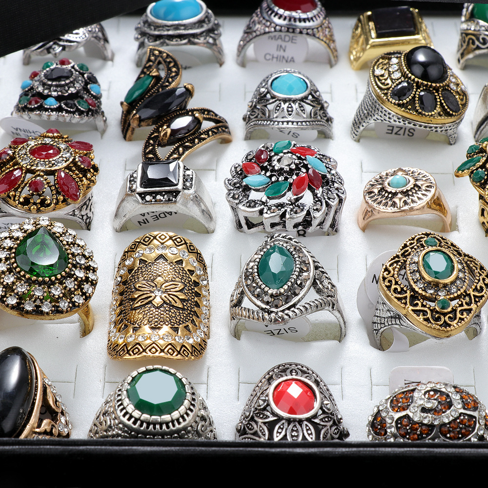 

wholesale 50pcs/lot womens Rings retro antique silver stone Rhinestone Vintage Jewelry RING mix styles brand new drop shipping with a box