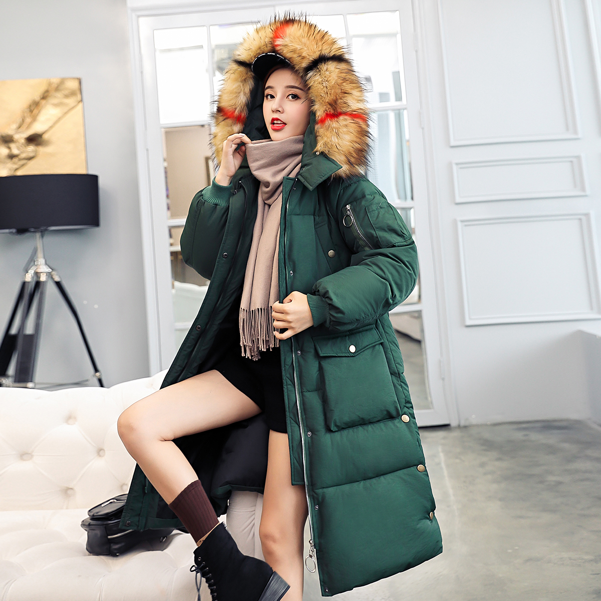 

Wholesale women's section long section fur collar winter new fashion slim hooded down cotton warm jacket size S-XXL, Caramel