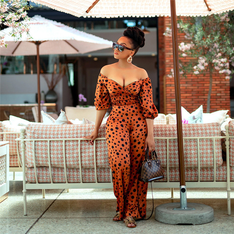 Polka Dot Designer Womens Jumpsuits Natural Color Sexy Deep V Neck Rompers Full Length Casual Short Sleeve Jumpsuits Womens Clothes