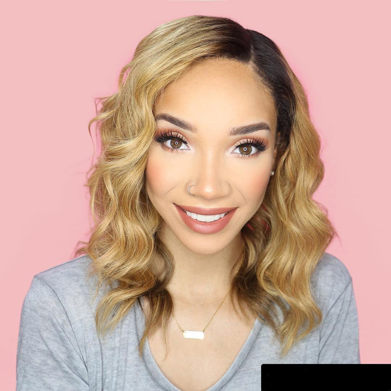 

Honey blond water wave #1bt27 Full Lace Human Hair Wigs 130% Density 100% human Hair Front Lace Wigs with baby hair short bob, 1b/27