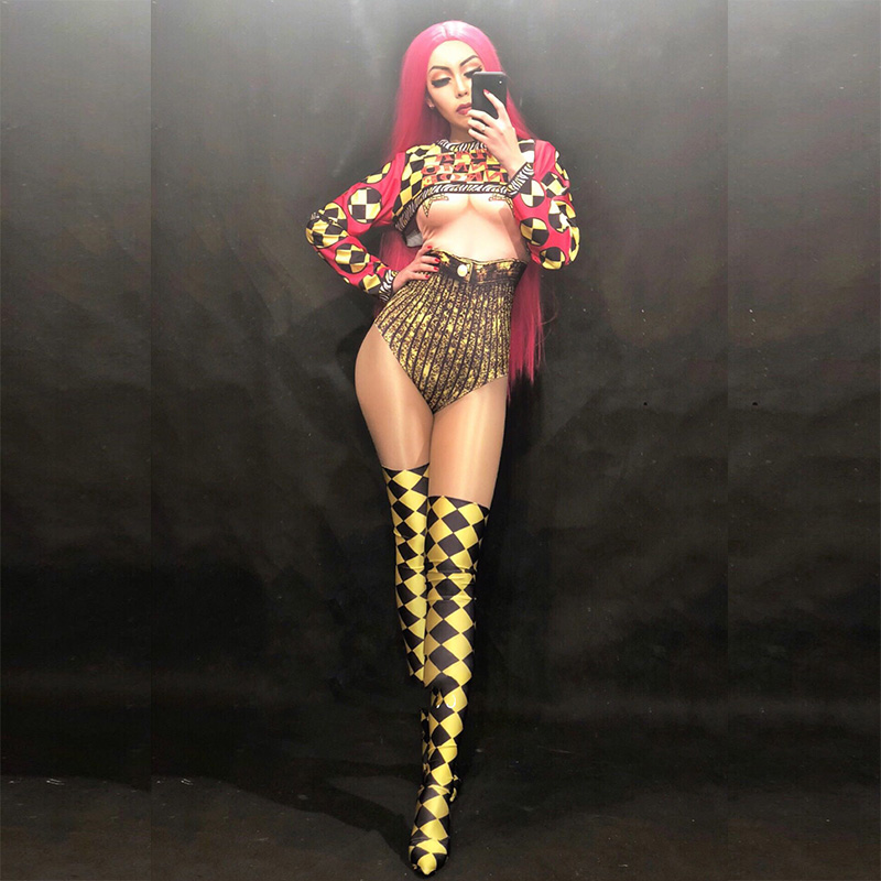 

Women Sexy Jumpsuit Short Coat 3D Printing Party Nightclub Party Bodysuit Stage Wear Singer Dancer Costumes Fashion Show 3pcs, Picture color
