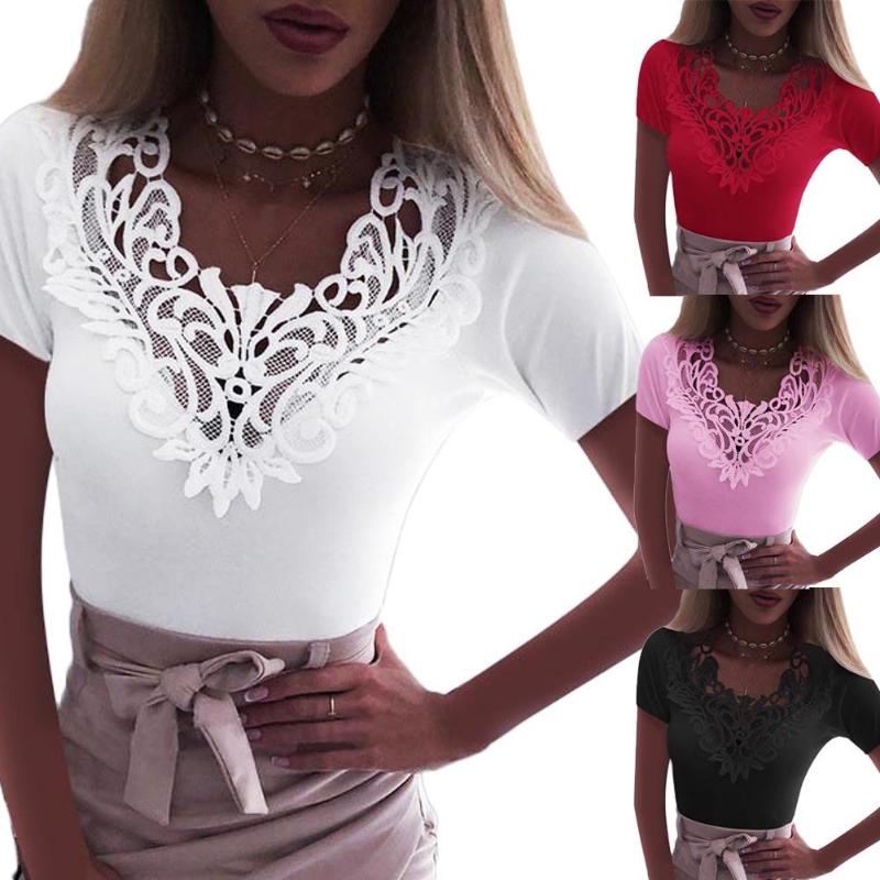 

Sexy Women Solid Color Lace Stitching V Neck Slim Plus Size Bottoming Top Long Sleeve Lace Panel T-Shirt Xmas Gift, Black