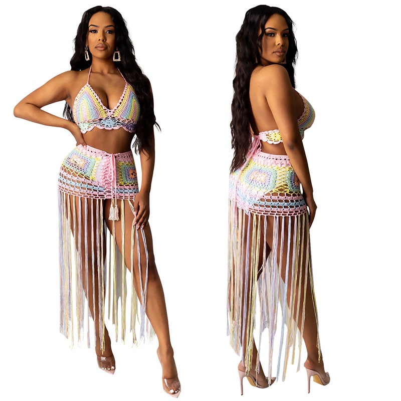 

2020 Knitted Crochet Bikini Cover up Summer Dress Long Tassel Bikini Bra and Skirt Beach Cover-ups Lace Up See Through Beachwear