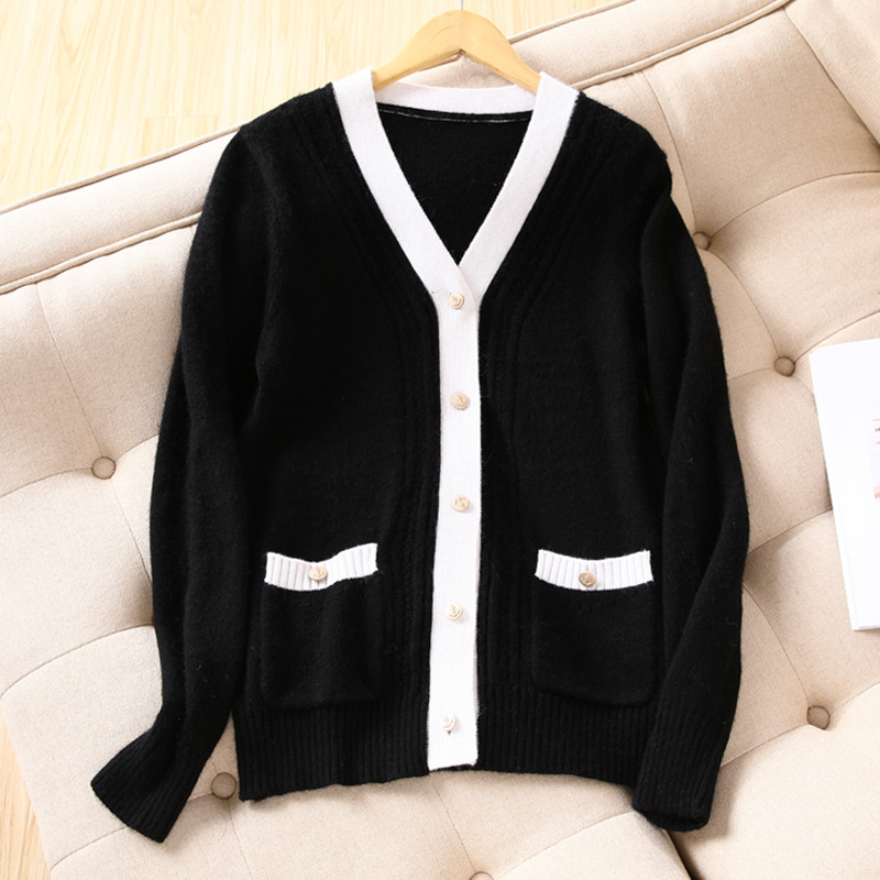 

Autumn Spring 2020 New V- neck 100% Cashmere Sweater knit Cardigan wild female Cardigan Sweater coat Slim, Black