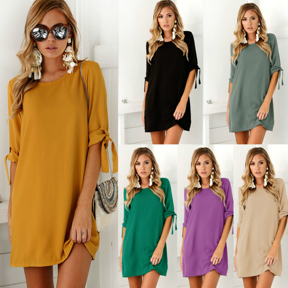 Mini robe décontractée et élégante, couleur unie, manches mi-longues, col rond, robes de soirée simples