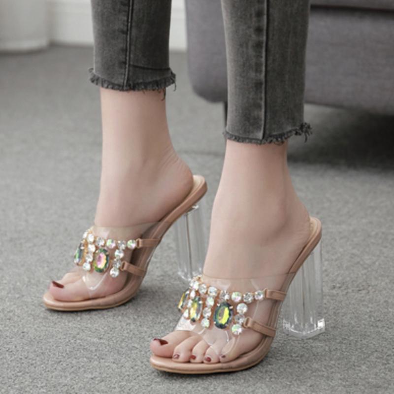 

Rhinestone Crystal Bright Slippers color Open Toe High Heels Shoes Woman Crystal Transparent Heeled Slippers Sandals, Green