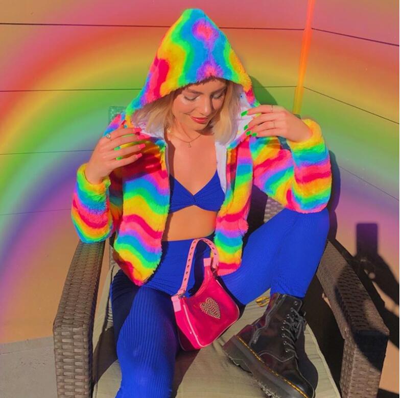 

Autumn and winter women' rainbow color Slim zipper long-sleeved sweatshirt, Multi