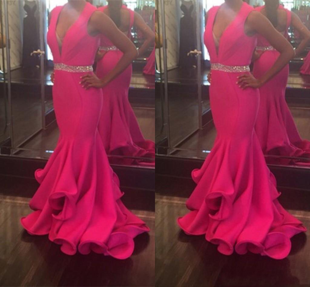 

V-Neck Mermaid Fuchsia Long Prom Dresses Satin Beaded Formal Prom Gowns Robe De Bal Party Evening Dresses, Pink