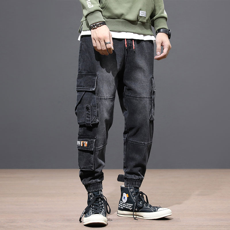 

Japanese Vintage Fashion Men Jeans Black Color Loose Fit Multi Pockets Cargo Pants Elastic Waist Streetwear Hip Hop Jeans Men