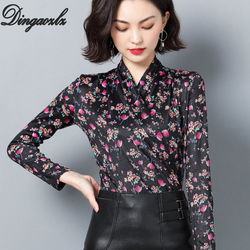 

Dingaozlz plus size korean 2019 new elegant female long sleeve printed casual blouse shirt fashion women tops, Flower