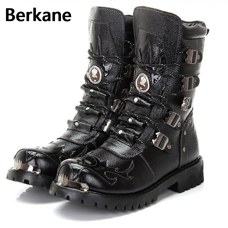 

Army Boots Men Boots 2018 Leather Winter Black cowboy snow Metal Gothic Punk Male Shoes Motorcycle Botas Hombre, Black no fur