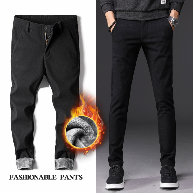 

Men's Trousers Thick Fashion Winter Thermal Masculino Long Pant Keep Warm Slim Pencil Pants Business Casual Hombre Male, Black