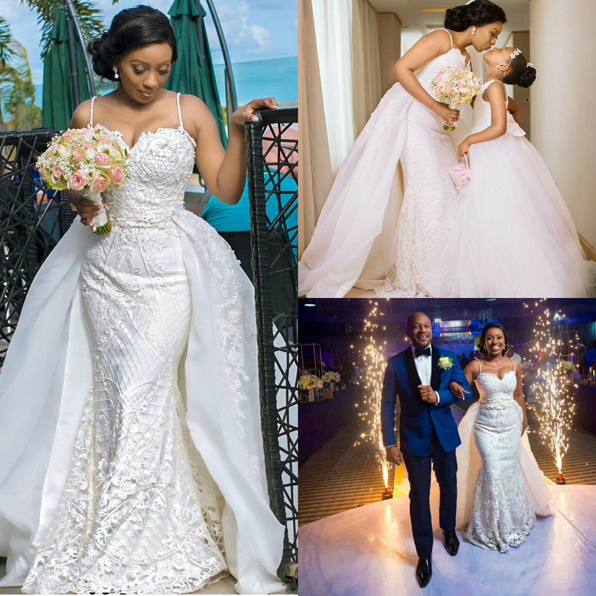 

2020 Overskirts Mermaid Lace Wedding Dresses Spaghetti Appliqued Detachable Train Trumpet Bridal Gown Sweep Train Plus Size Vestido De Novia, Nude