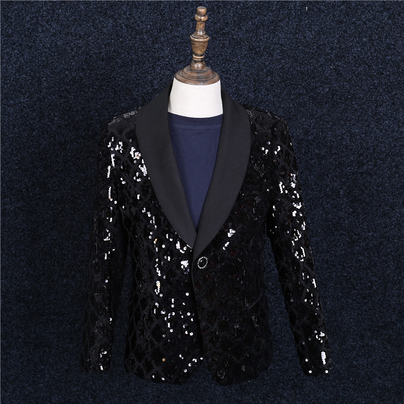 

Men' Suits & Blazers XS-XXXL Fashion Personality Clothing Black Bright DJ Suit Male Singer Performance Costumes