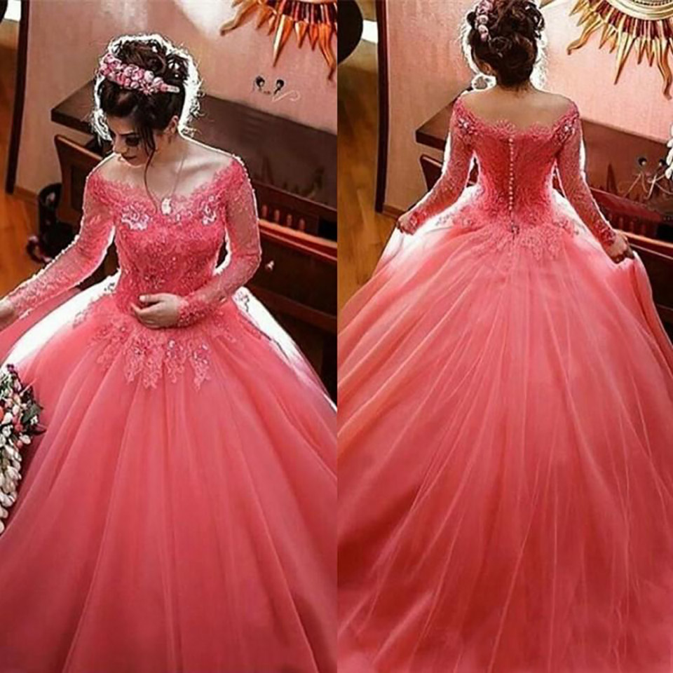 Ball Gown Wedding Dresses With Long Sleeve Lace Applique Sequins Off Shoulder Country Wed Gowns Sweep Train Beach Bridal Dress