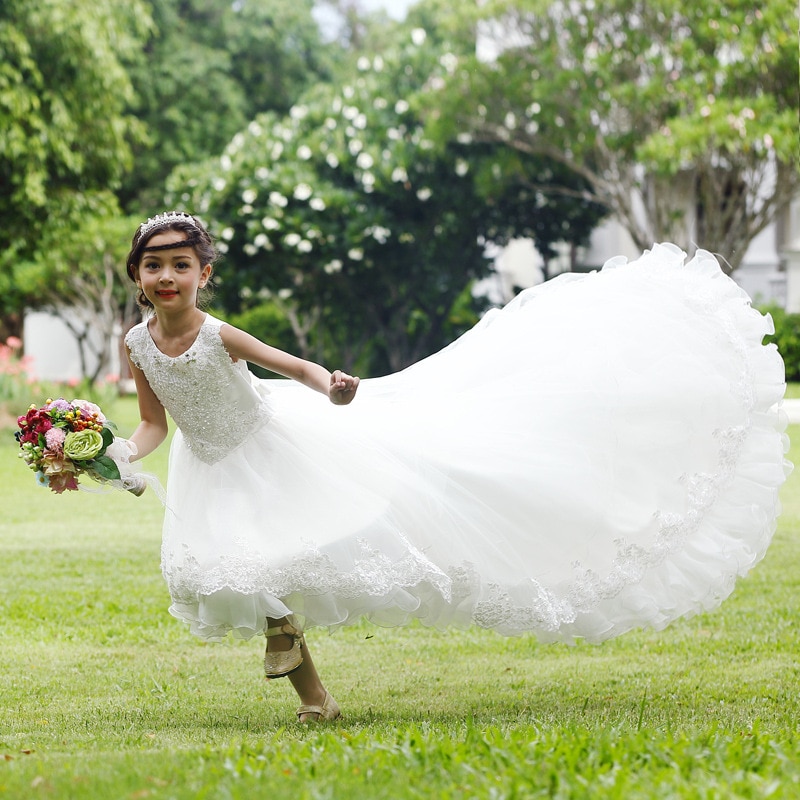 

Long Tailed White Flower Girls Dress Layers White Girl Vestido for Party 2020 Girl Clothes 3 4 6 8 10 12 14 Years Old RKF174026