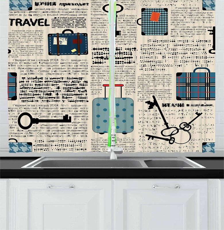 

Old Newspaper Kitchen Curtains Retro Styled Travel Vacation Theme Vintage Suitcases Keys Dot Text Window Drapes for Kitchen Cafe, As pic
