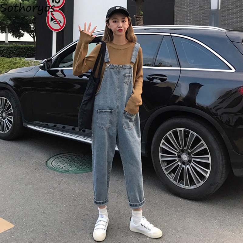 

Jumpsuits for Women 2020 Pockets Ankle-length Leisure All-match Vintage Korean Style Playsuits Womens Soft Retro Students Chic, Blue