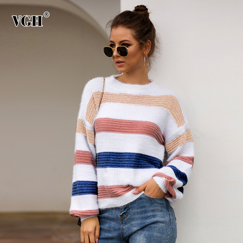 

VGH Tassel Standard Hit Color Sweaters For Women O Neck Lantern Sleeves Loose Kintting Pullovers Casual Sweater Female 2019 New, Blue