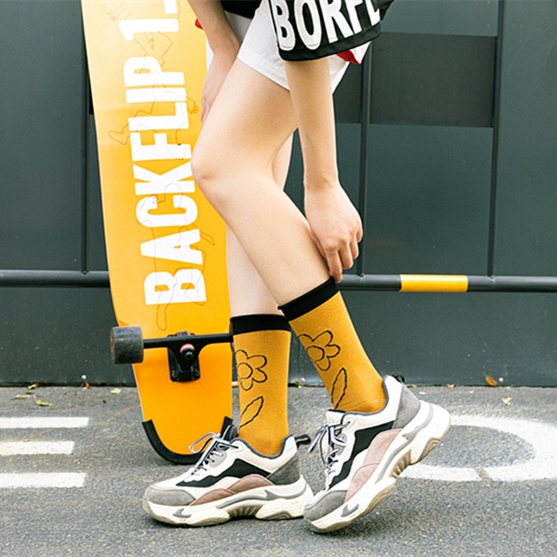

Japanese Kawai flower print girl cute socks female Harajuku retro simple casual sports women's socks breathable women, Wa2002