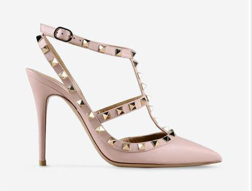

Hot Pointed Toe 2-Strap With Studs High Heels Leather Rivets Sandals Women Shoes Valentine High Heel Shoes, Black