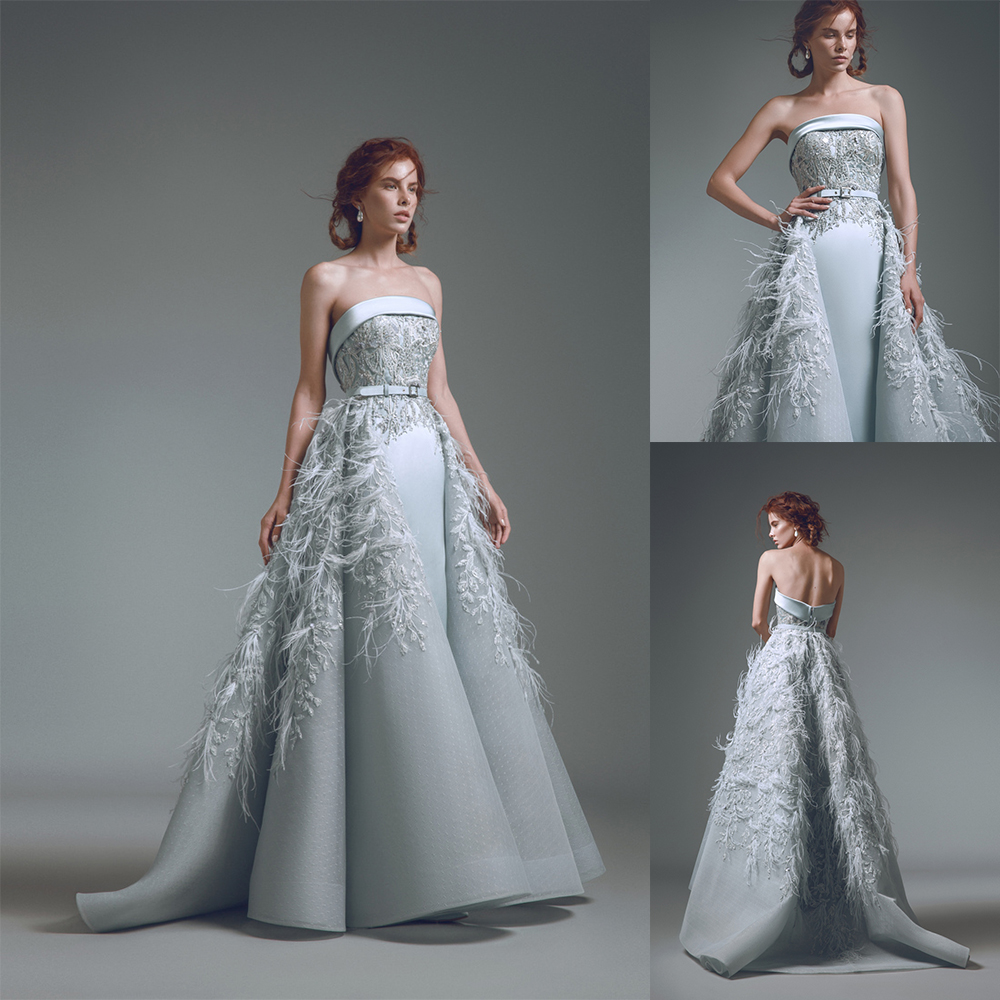 

2020 Evening Dresses With Detachable Train Strapless Appliqued Beaded Feather Prom Dress Backless Sleeveless Belt Formal Party Gown, Dark navy