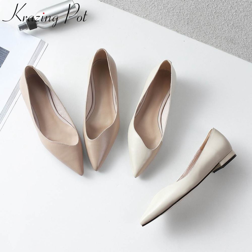 

KRAZING POT genuine leather shoes thick heels women pumps pointed toe office lady concise Spring Autumn princess shoes L98, Beige